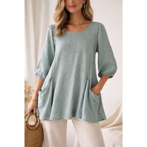 Match Point Womens L Seafoam Green Linen Lagenlook Tunic Blouse HLT377 Size L